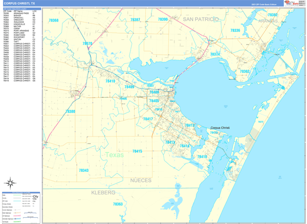 Corpus Christi City Wall Map Basic Style